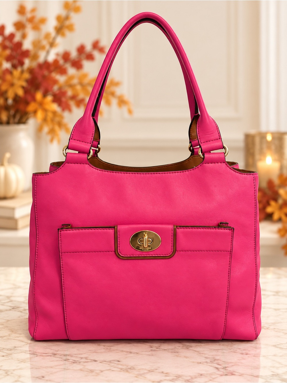 Kate Spade Pink Leather Turn Lock Tote Shoulder Bag Gold Hardware